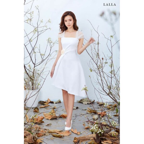 Đầm hai dây có tay lưới nhấn eo nữ Lalla