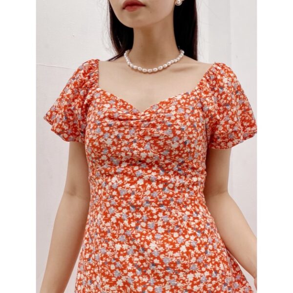 Đầm kiểu midi hoa nhí xẻ tà tay bí nhún thun vai ngực nhún thời trang GAGO hoạ tiết hoa nhí đỏ cam GG3787 - Ảnh 5