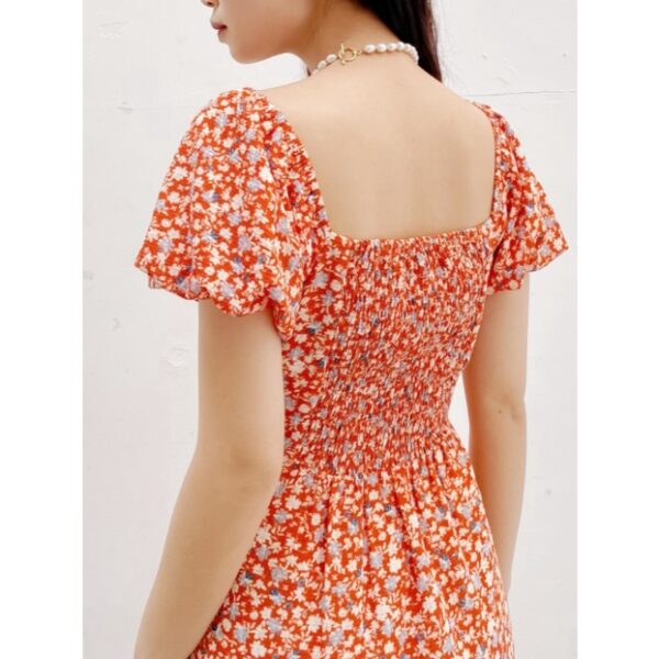 Đầm kiểu midi hoa nhí xẻ tà tay bí nhún thun vai ngực nhún thời trang GAGO hoạ tiết hoa nhí đỏ cam GG3787 - Ảnh 6