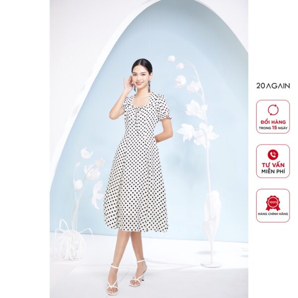 Đầm midi cổ vuông ngắn tay 20AGAIN, hàng thiết kế cao cấp DMA2352