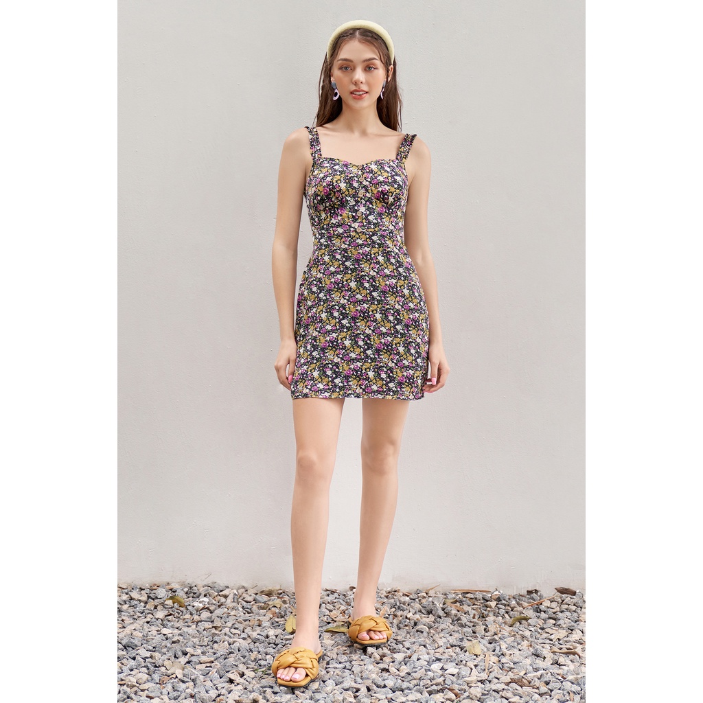 Đầm mini lụa 2 dây xếp nhún hoa hồng nhí rối 1VA40104 ADORE DRESS