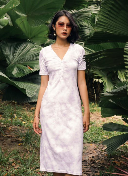 Đầm nữ dáng suông ngắn tay cổ V – neck plain short sleeve dress màu tím GG3277