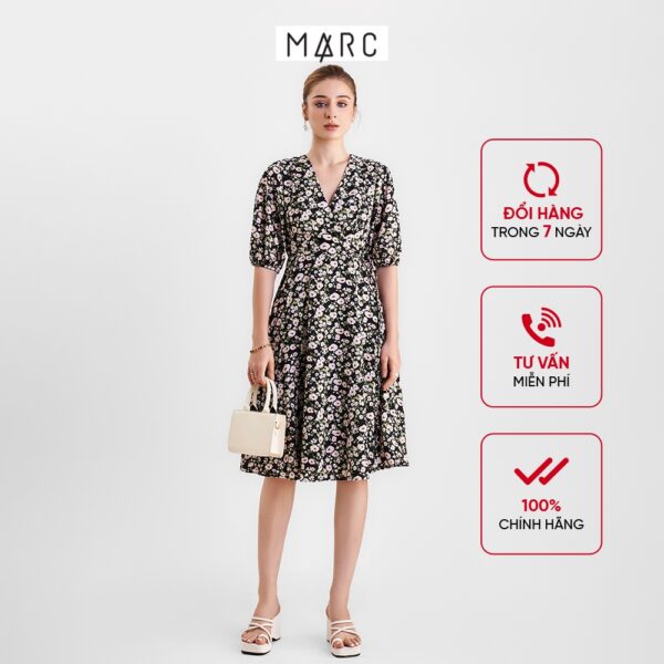 Đầm nữ MARC FASHION họa tiết hoa tay phồng cột dây eo CBHH0350