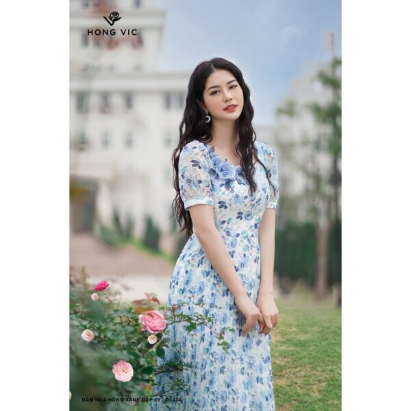 Đầm nữ thiết kế Hong Vic hoa hồng xanh dập ly DL434 - Ảnh 3