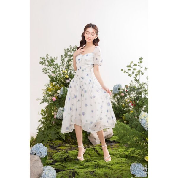 TIELA Đầm váy trắng hoa xanh cổ viền-Aine Dress - Hình ảnh 4