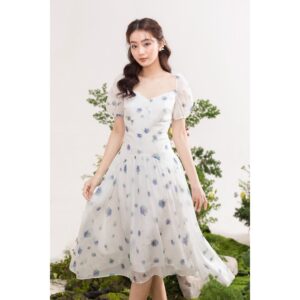 TIELA Đầm váy trắng hoa xanh cổ viền-Aine Dress