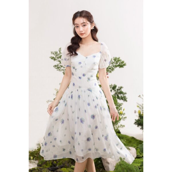 TIELA Đầm váy trắng hoa xanh cổ viền-Aine Dress