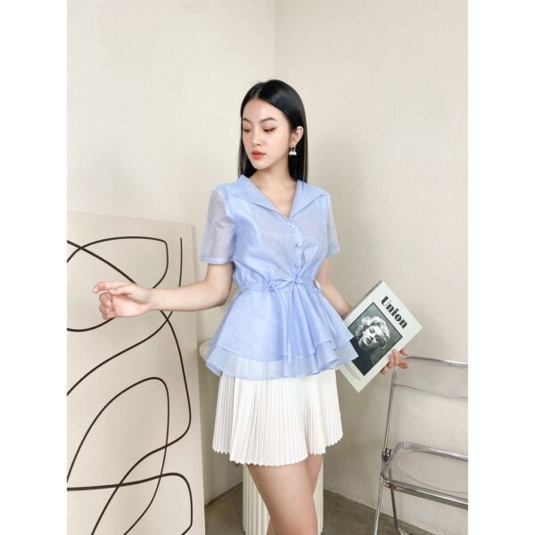 TUBYCATU | Áo organza cổ bẻ rút eo xanh - Ảnh 4