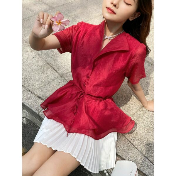TUBYCATU | Áo organza đỏ cổ bẻ rút eo - Ảnh 3