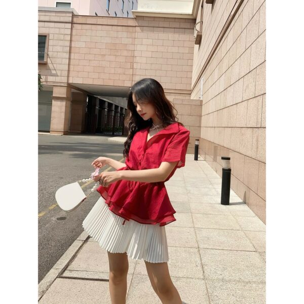 TUBYCATU | Áo organza đỏ cổ bẻ rút eo - Ảnh 6