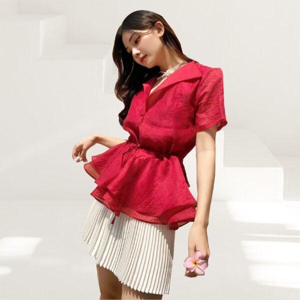 TUBYCATU | Áo organza đỏ cổ bẻ rút eo