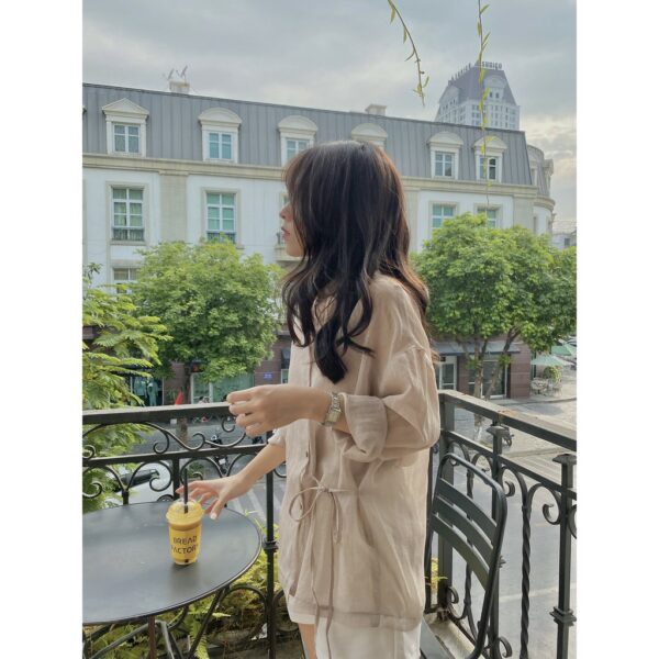 TUBYCATU | Áo sơ mi organza cột 1 bên nude/ trắng/ vàng/ nâu/ đen/ xanh - Hình ảnh 2