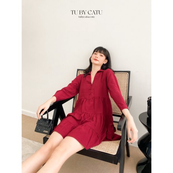 TUBYCATU | Đầm sơ mi đỏ 3 tầng dài tay - Hình ảnh 2