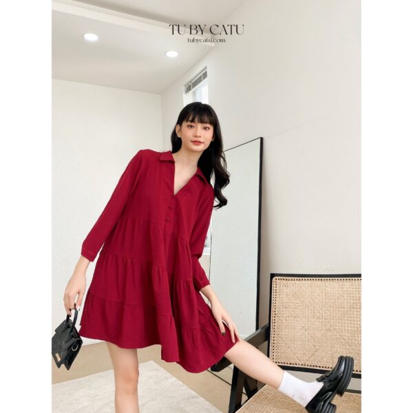 TUBYCATU | Đầm sơ mi đỏ 3 tầng dài tay - Hình ảnh 3