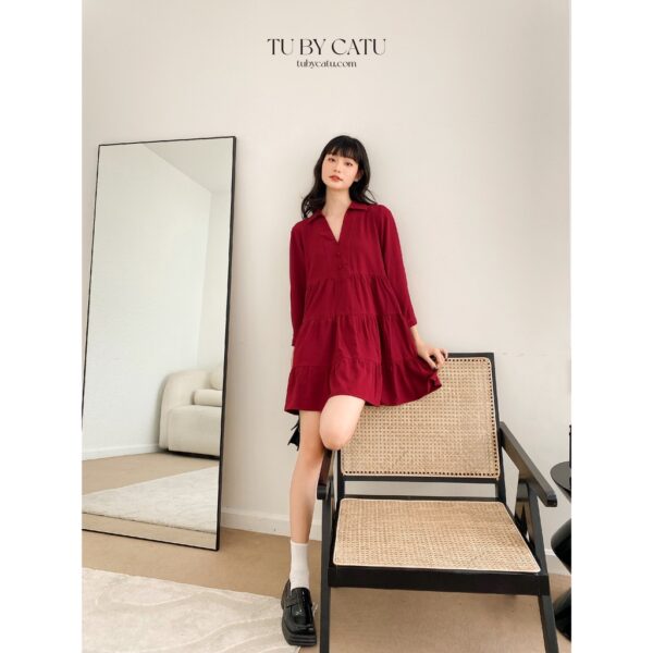 TUBYCATU | Đầm sơ mi đỏ 3 tầng dài tay