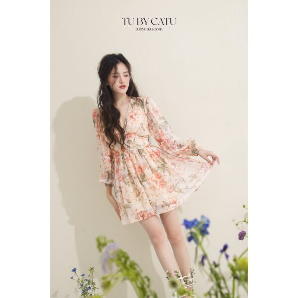 TUBYCATU | Jumpsuit tơ bông nâu xanh nút ngọc - Hình ảnh 2