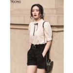 Áo sơ mi trắng HB HUONGBOUTIQUE cổ nơ, công sở, tay cộc bồng nhẹ, trẻ trung – HBSM526