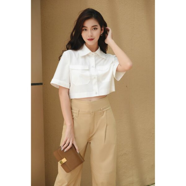 Áo sơ mi cotton lụa nữ HUONGBOUTIQUE croptop cotton mát, form suông, trẻ trung - HBSM756 - Hình ảnh 4