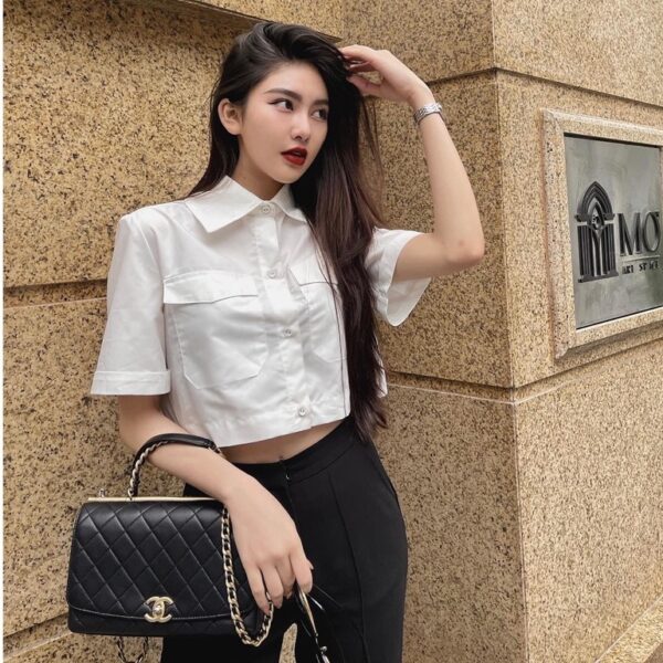 Áo sơ mi cotton lụa nữ HUONGBOUTIQUE croptop cotton mát, form suông, trẻ trung - HBSM756