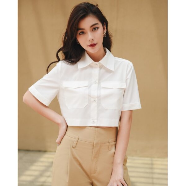 Áo sơ mi cotton lụa nữ HUONGBOUTIQUE croptop cotton mát, form suông, trẻ trung - HBSM756 - Hình ảnh 2