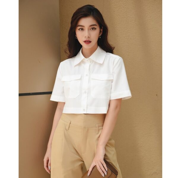 Áo sơ mi cotton lụa nữ HUONGBOUTIQUE croptop cotton mát, form suông, trẻ trung - HBSM756 - Hình ảnh 3