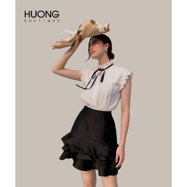 Áo sơ mi cotton lụa trắng cổ bèo ruy băng nơ HUONG BOUTIQUE HBSM963 - Hình ảnh 6