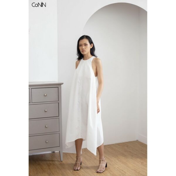 [có sẵn] đầm thiết kế cổ yếm, đầm nhún cổ yếm, màu trắng - Hình ảnh 2