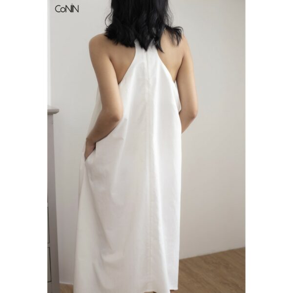 [có sẵn] đầm thiết kế cổ yếm, đầm nhún cổ yếm, màu trắng - Hình ảnh 3