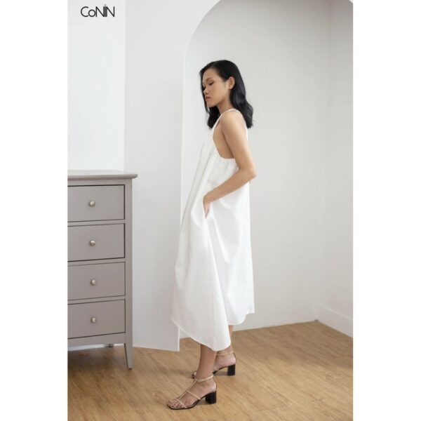 [có sẵn] đầm thiết kế cổ yếm, đầm nhún cổ yếm, màu trắng - Hình ảnh 5