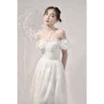COQUI – Đầm dài voan sọc cúp ngực tay phồng – Luna Dress