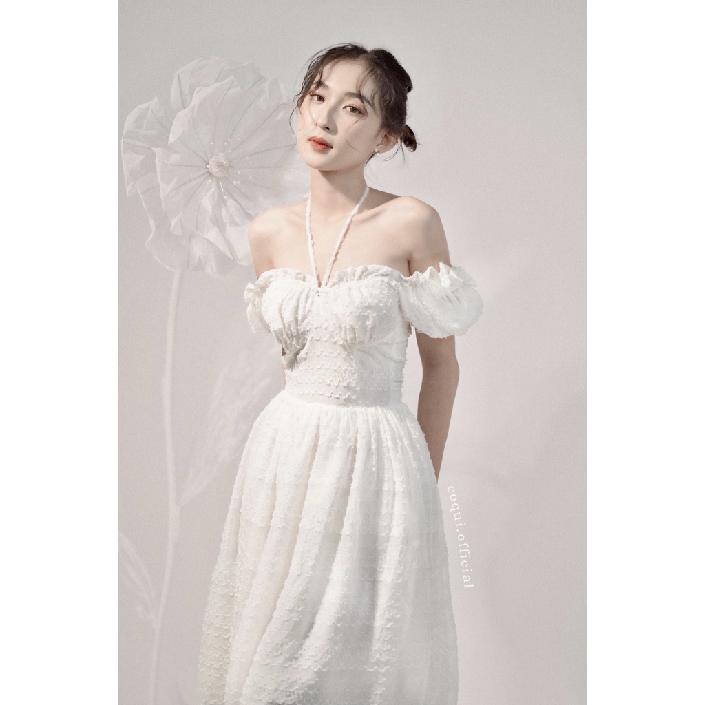 COQUI – Đầm dài voan sọc cúp ngực tay phồng – Luna Dress