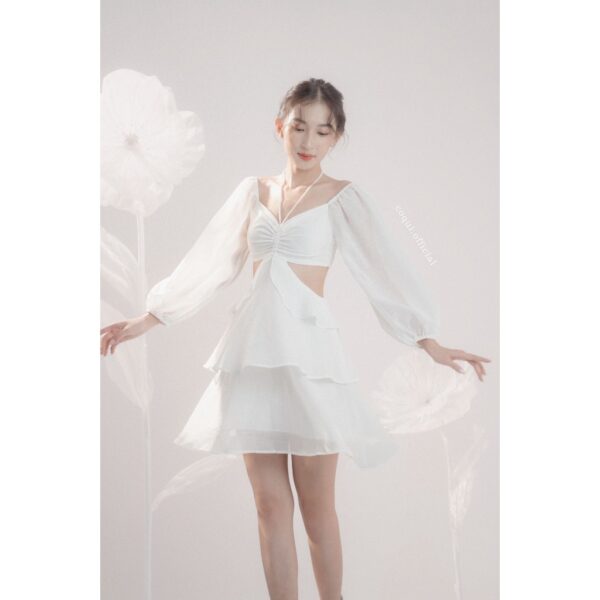 COQUI - Đầm voan tay dài hở eo - Jasmine Dress - Trắng
