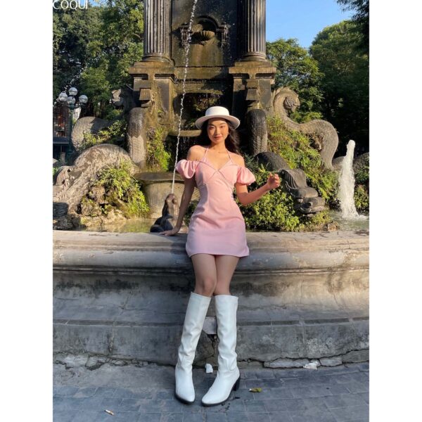 COQUI Váy hồng trễ vai sexy tay phồng cúp ngực Rose Dress - Hình ảnh 3