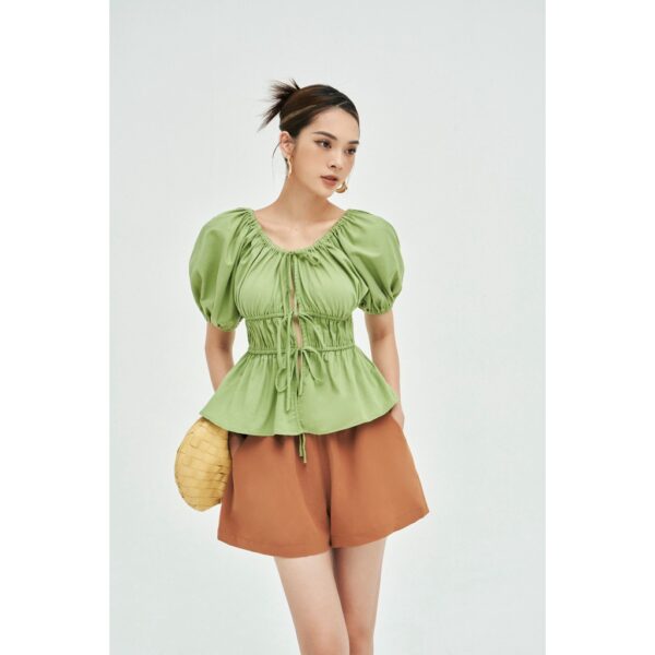MOLLYNISTA - Áo Dara tay phồng rút nhúm chun eo freesize quyến rũ nữ tính thiết kế cao cấp đi chơi đi tiệc gợi cảm - Ảnh 3