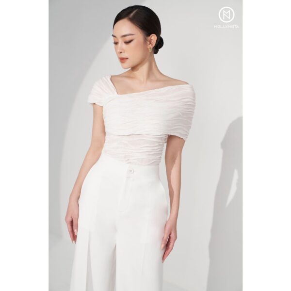 MOLLYNISTA - Áo Fuzzy thun chéo vai quyến rũ nữ tính thiết kế cao cấp đi chơi đi tiệc gợi cảm - Hình ảnh 2