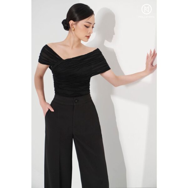 MOLLYNISTA - Áo Fuzzy thun chéo vai quyến rũ nữ tính thiết kế cao cấp đi chơi đi tiệc gợi cảm - Hình ảnh 3