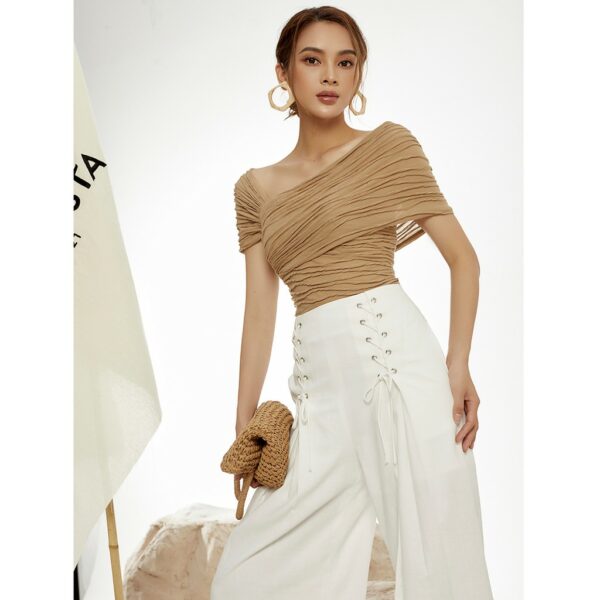MOLLYNISTA - Áo Fuzzy thun chéo vai quyến rũ nữ tính thiết kế cao cấp đi chơi đi tiệc gợi cảm