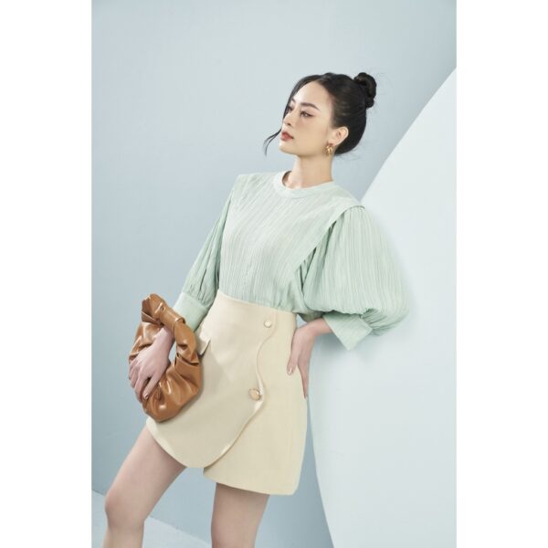 MOLLYNISTA - Áo Gina gân cổ tròn tay bồng quyến rũ nữ tính thiết kế cao cấp đi chơi đi tiệc gợi cảm - Ảnh 3