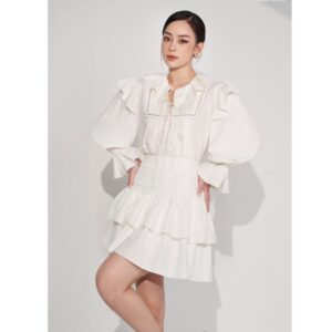 MOLLYNISTA - Áo Tania trắng xếp ly tăm cổ bèo FS quyến rũ nữ tính thiết kế cao cấp đi chơi đi tiệc gợi cảm