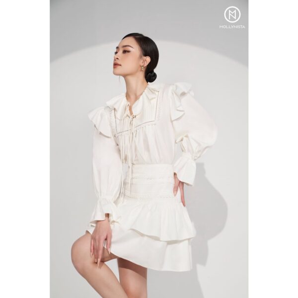 MOLLYNISTA - Áo Tania trắng xếp ly tăm cổ bèo FS quyến rũ nữ tính thiết kế cao cấp đi chơi đi tiệc gợi cảm - Ảnh 2