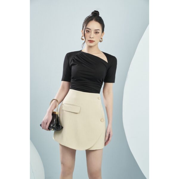 MOLLYNISTA - Áo Yany khoét cổ thun mịn cao cấp nhún cổ chéo quyến rũ nữ tính thiết kế cao cấp đi chơi đi tiệc gợi cảm - Hình ảnh 3