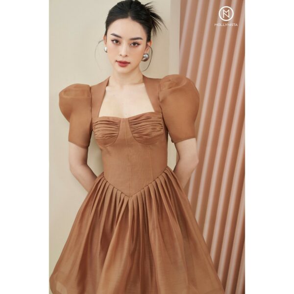 MOLLYNISTA - Đầm Choco organza cúp nhúm tay phồng quyến rũ nữ tính thiết kế cao cấp đi chơi đi tiệc gợi cảm - Ảnh 2