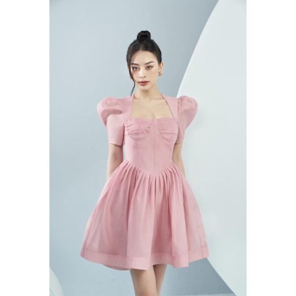 MOLLYNISTA - Đầm Choco organza cúp nhúm tay phồng quyến rũ nữ tính thiết kế cao cấp đi chơi đi tiệc gợi cảm - Ảnh 3