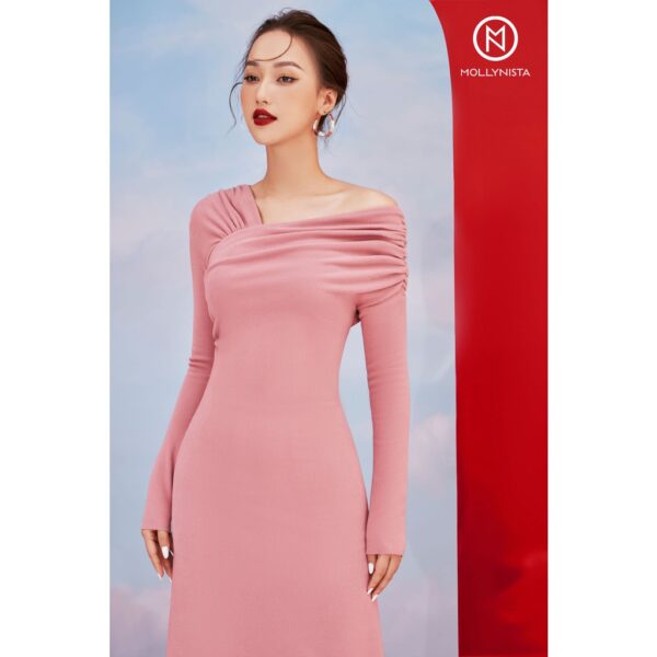 MOLLYNISTA - Đầm Mia thun tay dài lệch vai quyến rũ nữ tính thiết kế cao cấp đi chơi đi tiệc gợi cảm - Ảnh 2