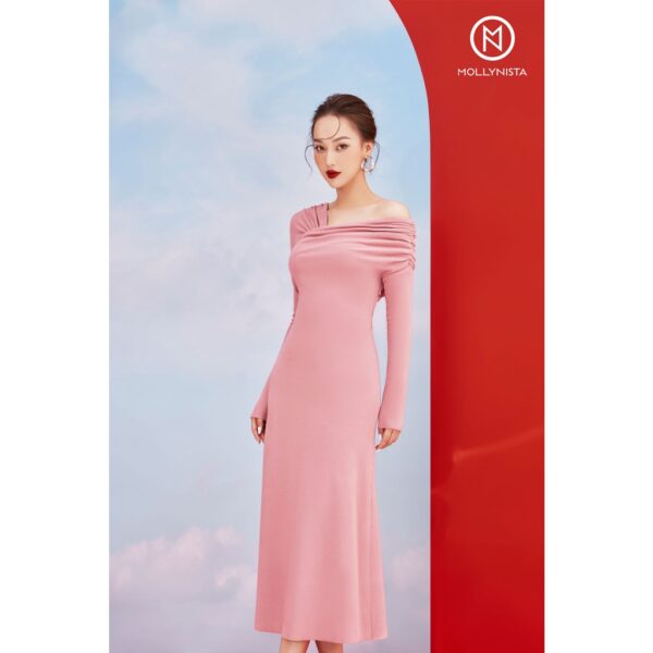 MOLLYNISTA - Đầm Mia thun tay dài lệch vai quyến rũ nữ tính thiết kế cao cấp đi chơi đi tiệc gợi cảm - Ảnh 4