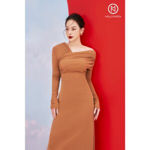 MOLLYNISTA - Đầm Mia thun tay dài lệch vai quyến rũ nữ tính thiết kế cao cấp đi chơi đi tiệc gợi cảm