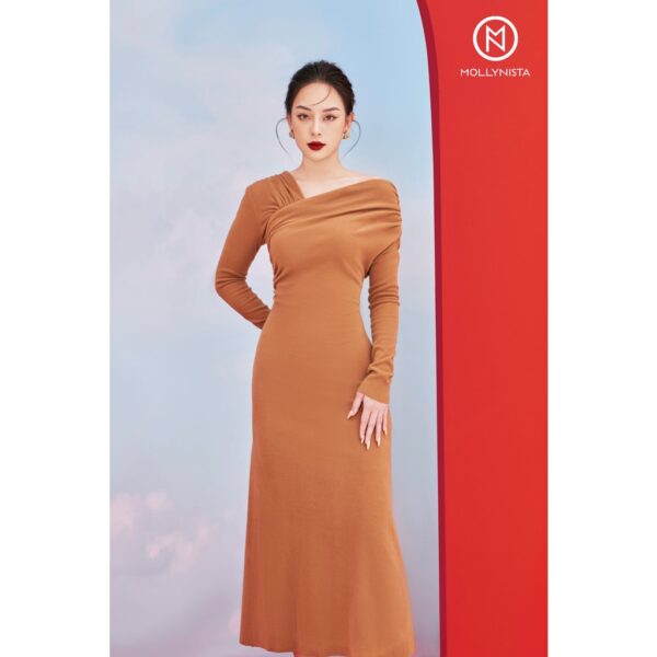 MOLLYNISTA - Đầm Mia thun tay dài lệch vai quyến rũ nữ tính thiết kế cao cấp đi chơi đi tiệc gợi cảm - Ảnh 5