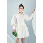 MOLLYNISTA – Đầm Sonia trắng sơ mi tay dài cài nút quyến rũ nữ tính thiết kế cao cấp đi chơi đi tiệc gợi cảm