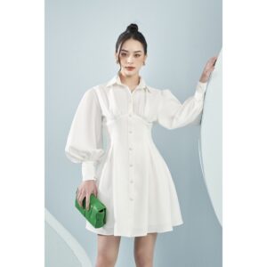 MOLLYNISTA - Đầm Sonia trắng sơ mi tay dài cài nút quyến rũ nữ tính thiết kế cao cấp đi chơi đi tiệc gợi cảm