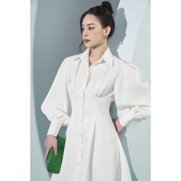 MOLLYNISTA - Đầm Sonia trắng sơ mi tay dài cài nút quyến rũ nữ tính thiết kế cao cấp đi chơi đi tiệc gợi cảm - Hình ảnh 4